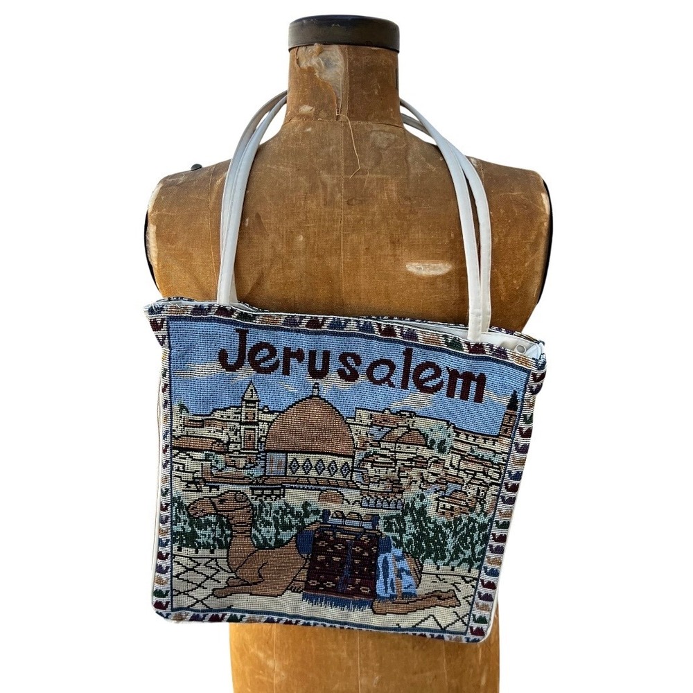 Vintage Jerusalem Tapestry Tote Bag 90s Boho Camel Scenic Expandable Grandmacore